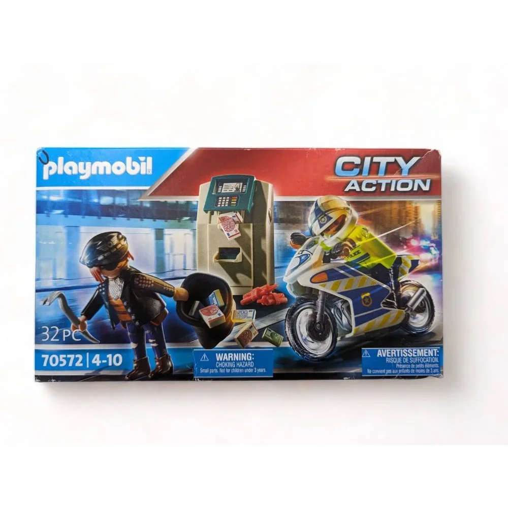 Playmobil City Action Bank Robber Chase Building Set 70572 Motorcycle ATM 32 Pcs